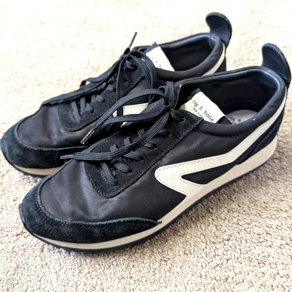 Rag & Bone Retro Runner Low Top Lace Sneakers Black White Womens EU 38.5 US 8.5 - Picture 1 of 8